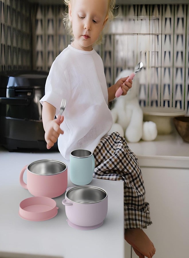 Bakpoco Kids Dinnerware Set - 6 Piese Toddler Plates and Suction Bowls Set with Kids Utensils⋓, 2 IN 1 Stainless Steel & Silicone Baby Self Feeding Supplies, Lilac& Blush&Sage - Image 3